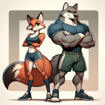 Full-height view of a lively female fox and robust male wolf in sporty outfit for gym and fitness workout advertising and showcase