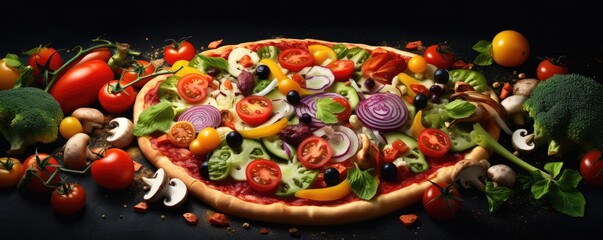 Fototapeta premium Close up front view of fresh hot pizza on black stone luxury table, junk food panorama. Generative Ai.