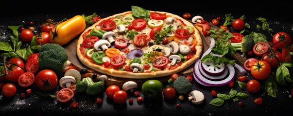 Close up front view of fresh hot pizza on black stone luxury table, junk food panorama. Generative Ai.