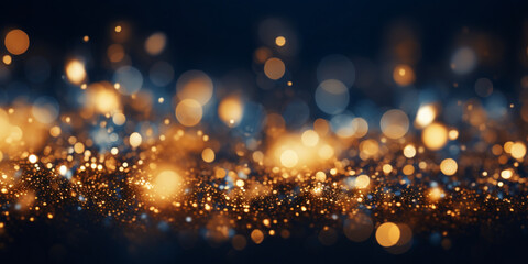 Festive magic gold flying glitter on Dark Blue Background  with sparkles and New Year's bokeh for cards or wallpapers  - obrazy, fototapety, plakaty