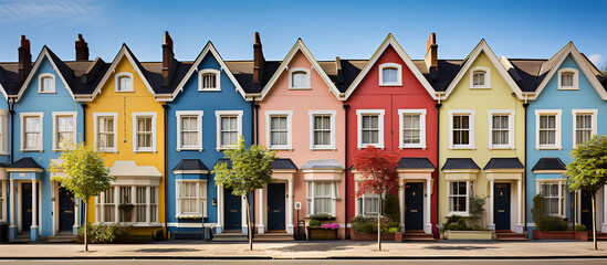 Colorful dutch style terraced houses. Concept of suburban life. Generative AI.