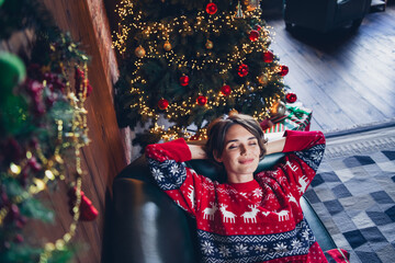 Fototapety  Spending at home young girl brown bob hair hands head chilling attractive person pretty dreams enjoying christmas time isolated indoors