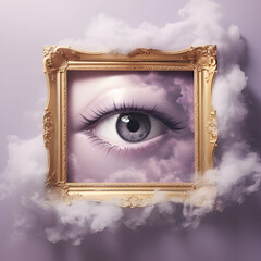A classic rustic frame and a human eye on a pastel purple background with smoke, AI abstract concept.