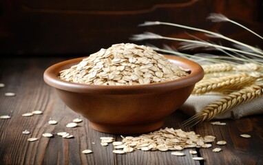 Oat flakes in a bowl on the old board