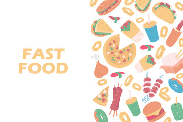 BAckground composition of fast food, drinks flat icons. restaurant or food truck Background