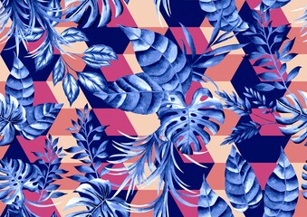 Watercolor blue leaves pattern, tropical foliages, geometric background, pink, seamless