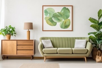 Interior of living room with green sofa, wooden commode and plants. Generative Ai