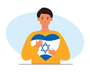 Pray for Israel. A boy hugs a heart with the colors of the flag of Israel. Design for humanity, peace, donation, support, charity. Vector