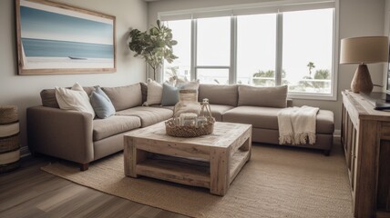 Living room decor, home interior design . Coastal Rustic style with Ocean View decorated with Wood and Linen material . Generative AI AIG26.