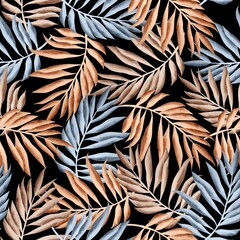 Watercolor leaves pattern, seamless, black background, tropical foliage