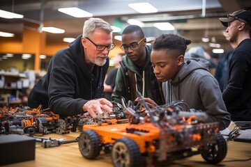 A diverse group of middle school students, guided by a senior programmer robotics lesson in a well-equipped classroom filled with technology and electric construction materials