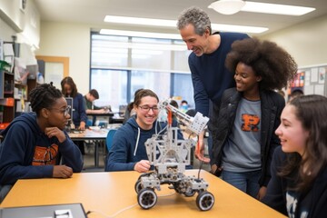 A teacher conducts a group lesson on the latest AI technology, engaging middle school students in programming and mechanics. Diversity and inclusivity are the driving forces in the classroom