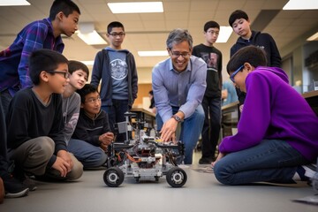 A senior programmer introduces a diverse group of middle school students to the exciting world of robotics and AI technology, promoting inclusivity and knowledge sharing