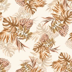 Watercolor Foliage Pattern, golden leaves, white background, seamless
