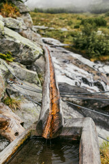 High in the cradle of majestic mountains, a pristine water source emerges, a testament to nature's artistry.