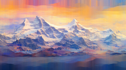 glitch art, a snowy mountain range distorted by digital interference, vibrant glitch patterns interspersed with pristine snow
