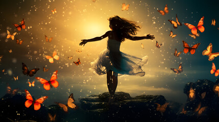 Obraz na płótnie Canvas Girl Embracing Butterflies Amidst Glowing Lights.