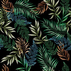 Fototapeta na wymiar Watercolor foliage pattern, tropical elements, green leaves, black background, seamless