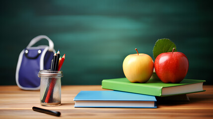 School Supplies with Apples on Desk Against Teal Background.