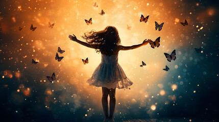 Fototapeta na wymiar Girl in Ethereal Dress Surrounded by Butterflies with Golden and Blue Hues