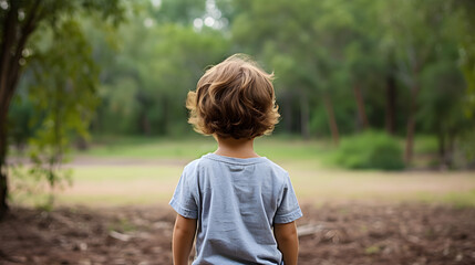 Childhood Exploration: Boy Gazing into Lush Green Forest