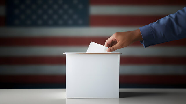 Hand Casting a Ballot in Front of an American Flag Background.