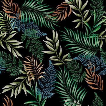 Watercolor foliage pattern, tropical elements, green leaves, black background, seamless