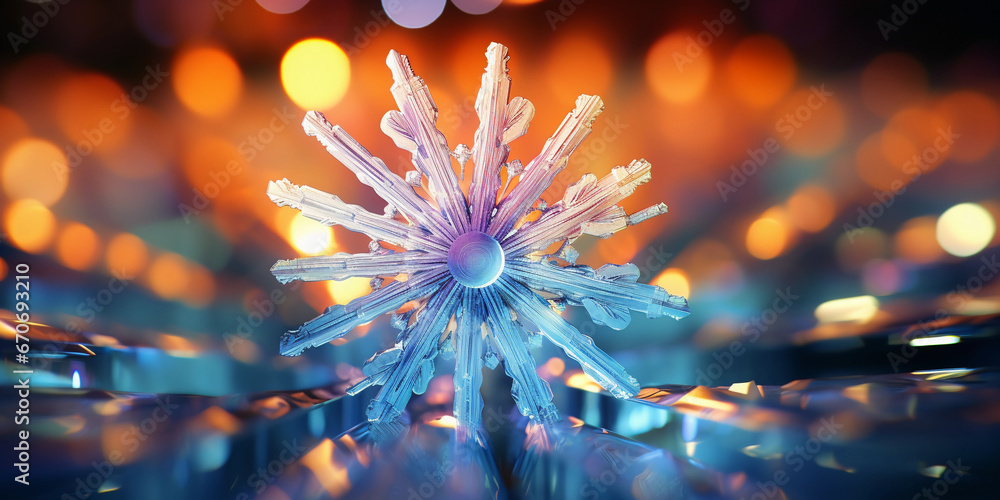 Poster crystalline structures of snowflakes under a macro lens, reflections and refractions creating a kale