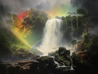 waterfall plummeting into emerald pool, rainbow forming in the mist