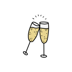 A hand-drawn cartoon doodle icon of two glasses of champagne on a white background.