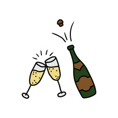A hand-drawn cartoon doodle icon of two glasses and a bottle of champagne on a white background.