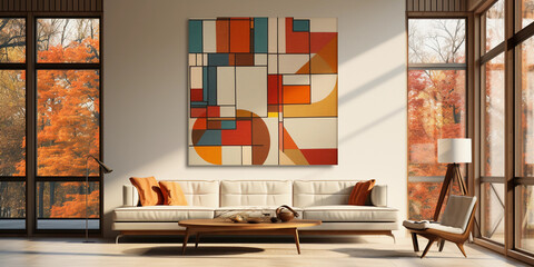 Mid-century modern living room, abstracted into geometric shapes, warm autumn color scheme