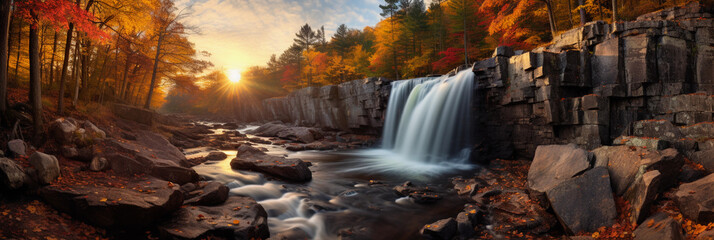 waterfall spilling over rocky cliffs, surrounded by autumn foliage
