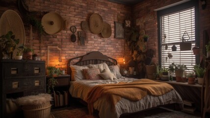Bedroom decor, home interior design . Industrial Bohemian style with Wall decor decorated with Brick and Wicker material . Generative AI AIG26. - obrazy, fototapety, plakaty