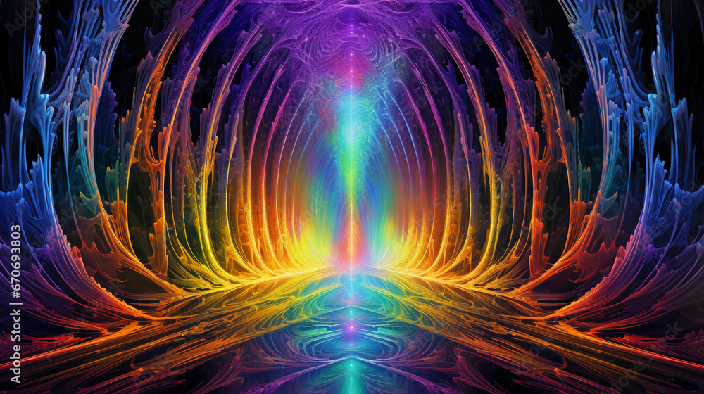 Aufkleber psychedelic digital art, abstract representation of waterfall using fractal patterns, vivid neon col