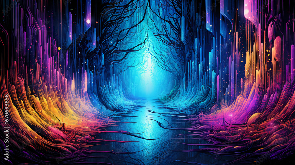 Aufkleber psychedelic digital art, abstract representation of waterfall using fractal patterns, vivid neon col