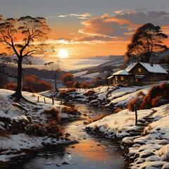 Beautiful winter landscape with a river and a wooden house at sunset