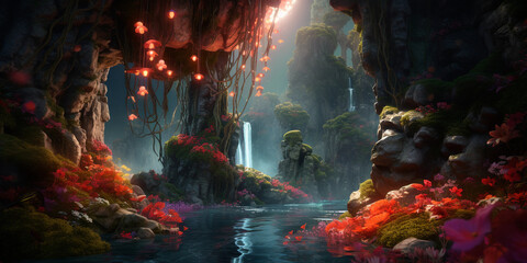 waterfall defying gravity, flowing upwards, surrounded by floating rocks and glowing flora, dream-like colors