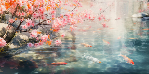 Watercolor abstraction, koi pond in a Japanese garden, fleeting and dreamy brush strokes, spring cherry blossoms