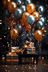 Gift boxes with balloons and confetti on dark background. Birthday party