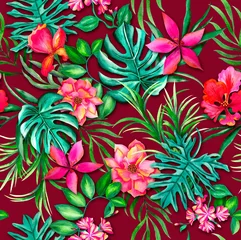 Foto op Plexiglas Watercolor flowers pattern, red tropical elements, green leaves, dark red background, seamless © Leticia Back