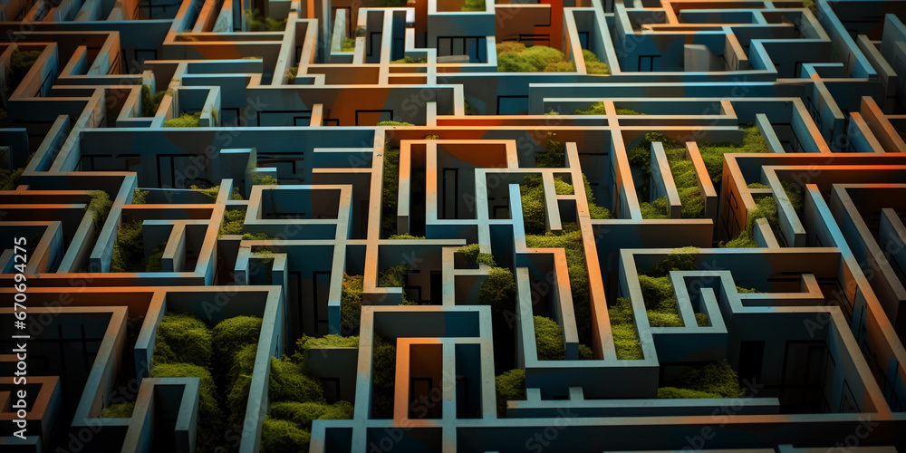 Poster cubist abstraction, garden maze in distinct geometric shapes, monochromatic color scheme with dashes