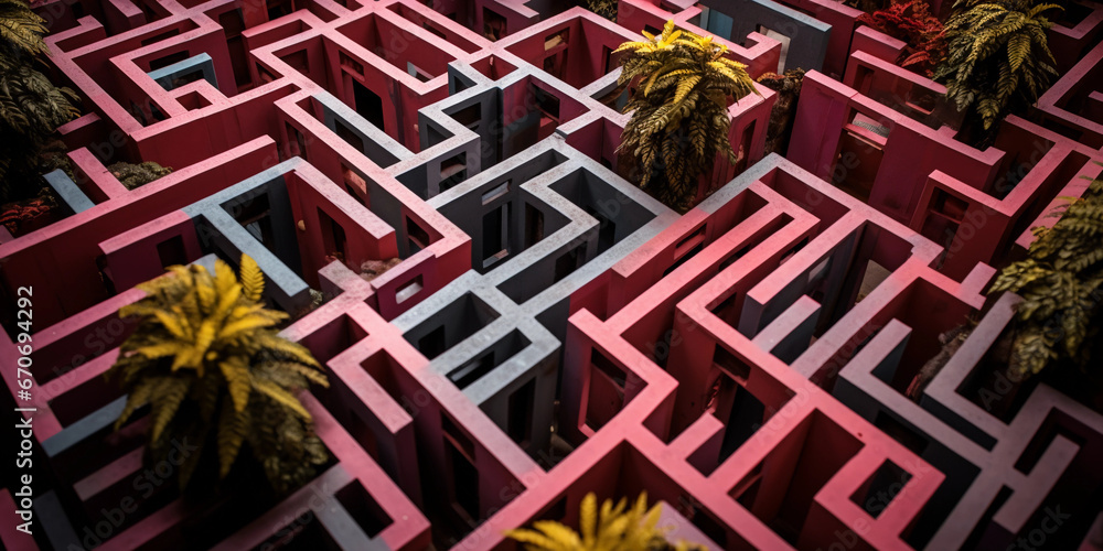 Poster cubist abstraction, garden maze in distinct geometric shapes, monochromatic color scheme with dashes