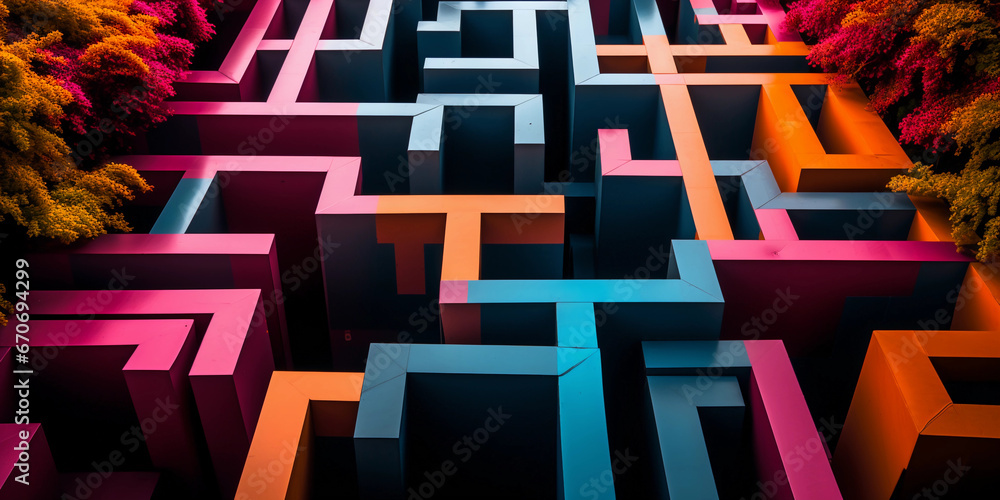 Poster cubist abstraction, garden maze in distinct geometric shapes, monochromatic color scheme with dashes