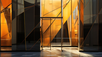 Architectural design entrance of glass and metal with straight lines in brown and orange colors