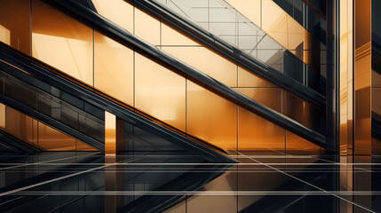 Obraz premium Architectural design elements of glass and metal with straight lines in brown and orange colors