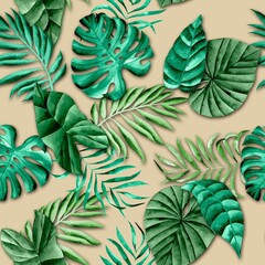 Watercolor leaves pattern, green foliage, yellow background, seamless
