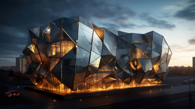 Stylish geometric facade of the building with glass polygons and triangles windows at night.