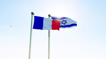 Israel and France flags waving against a blue sky background. 