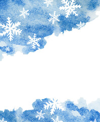 background with smudges of watercolor paint and snowflakes, isolated on a white background